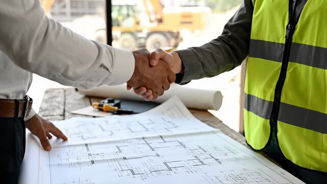 Two businessmen shaking hands over a construction plan on a wooden table with a blurred background 4k video