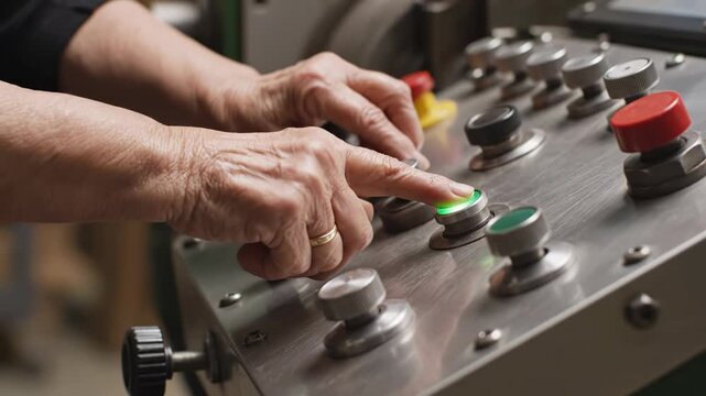 Closeup of a hand pressing buttons on a metal control panel with blurred background 4k video