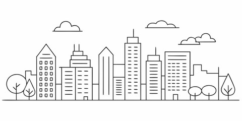 Naklejka premium Linear illustration of a city skyline with buildings and trees