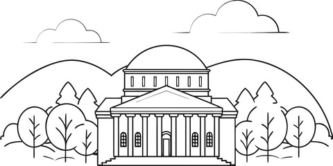 Fototapeta premium Line drawing of a classical building with trees and clouds