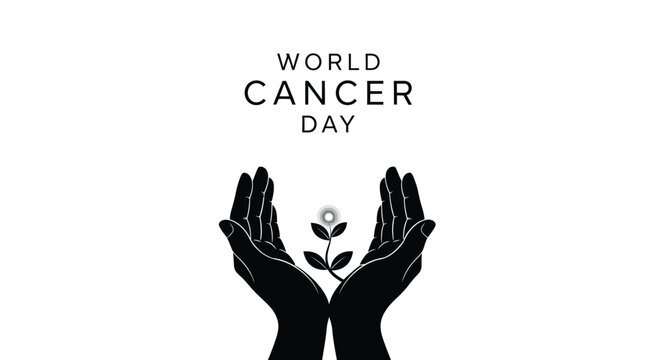Black and white graphic design illustrating caring hands nurturing a small glowing plant to represent hope and remembrance for world cancer day awareness campaigns