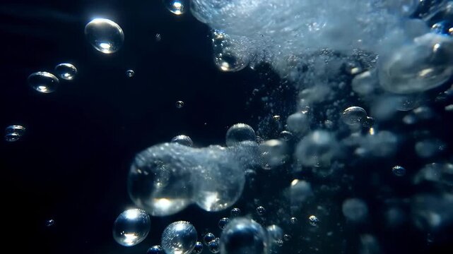 Air bubbles rising in fresh blue water