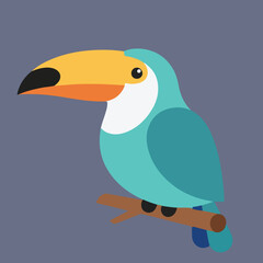 Obraz premium A graphic toucan with a large yellow-orange beak, turquoise body, and white chest perches on a brown branch against a muted grey background.