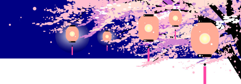 夜の桜並木と幻想的な提灯の光　お花見の背景イラスト