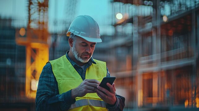 Construction worker using mobile phone