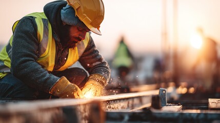 Fototapeta premium Construction worker welding with sparks