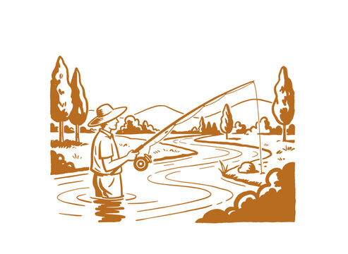 Fisherman vintage artwork for t-shirt. Fly fishing graphic illustration. Outdoor adventure artwork design. Rustic line art sketch of nature. River fis