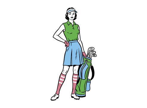 Woman golfer vector illustration. Retro sport graphic print design. Vintage woman with golf bag artwork. Golf club t shirt design. Pin up style athlet