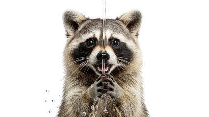 Obraz premium Curious raccoon posing with front paws raised.