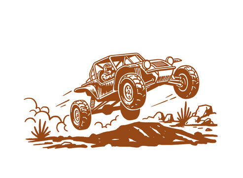 Dune buggy jumping extreme race print design. Off road challenge artwork for t shirt print, poster, sticker. Desert vintage racing graphic. Fast off r