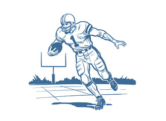Football player vintage artwork. Retro athlete running with ball. Sports champion league graphic design. Team game spirit apparel design. American foo © panji