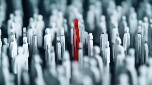 A single red figure amidst a crowd of gray figures