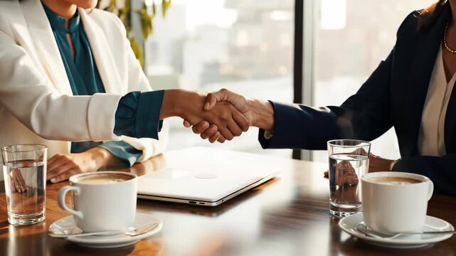 Two businesspeople shaking hands over a cup of coffee in a modern office setting 4k video