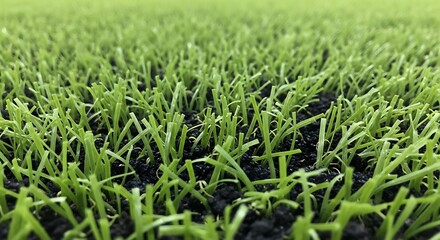 Fototapeta premium Close-up view of artificial turf blades with dark soil beneath.