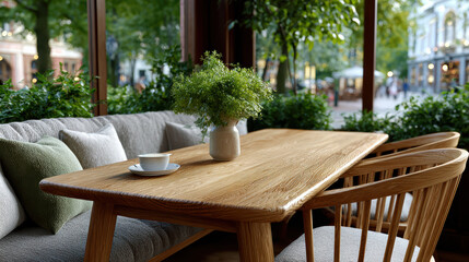 Obraz premium Cozy cafe interior wooden table natural light green plant serene seating coffee cup view outside street