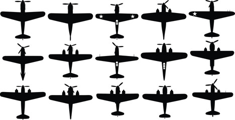 Set of Fifteen Vintage Propeller Airplane Silhouettes in Top View for Military History Aviation Design and Retro Aircraft Engineering Projects,