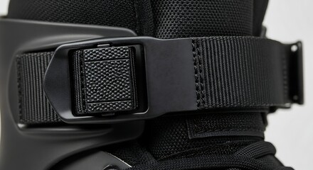Close-up of a black rollerblade buckle and strap for secure fit.