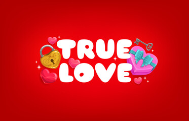 Naklejka premium True love quote Valentine day greeting card with bold white text on a red background, decorated with a golden heart shaped padlock, vintage key, pink heart gift box with bow, and small glossy hearts