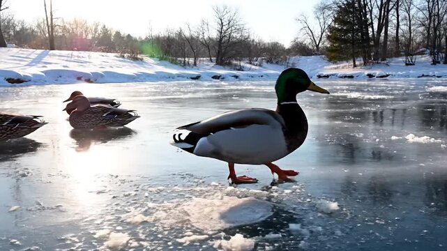 Several mallards on patchy ice and water, with snow-covered banks under sunlight