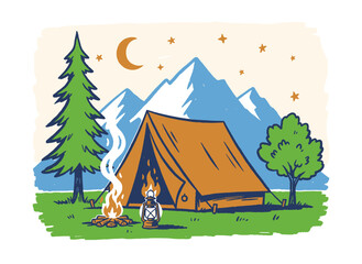 Camping night illustration design. Mountain adventure artwork for t-shirt. Vintage outdoor graphic print. Campfire and tent sketch. Explore and discov