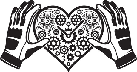 Fototapeta premium Hands forming heart shape around intricate mechanical heart with gears and clockwork, steampunk concept of enduring love