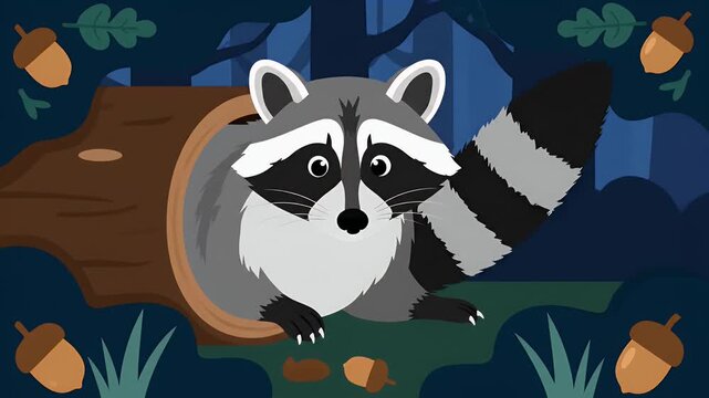 Animated Raccoon Peeking Out of Log in Dark Forest Night Scene