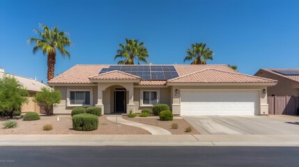 Fototapeta premium Modern suburban house with solar panels on tile roof in sunny desert neighborhood with palm trees