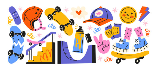 Urban skateboarding stickers in cartoon style. Skateboard, helmet, ramps and protective gear elements. Youth street culture visuals, active lifestyle symbols, dynamic sport mood and modern graphic © Limpreom