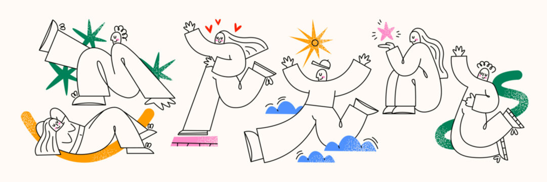 Emotional characters in linear cartoon style. People with different emotions, expressive poses, simple outlines and minimal graphic details, abstract human figures showing feelings and mood states