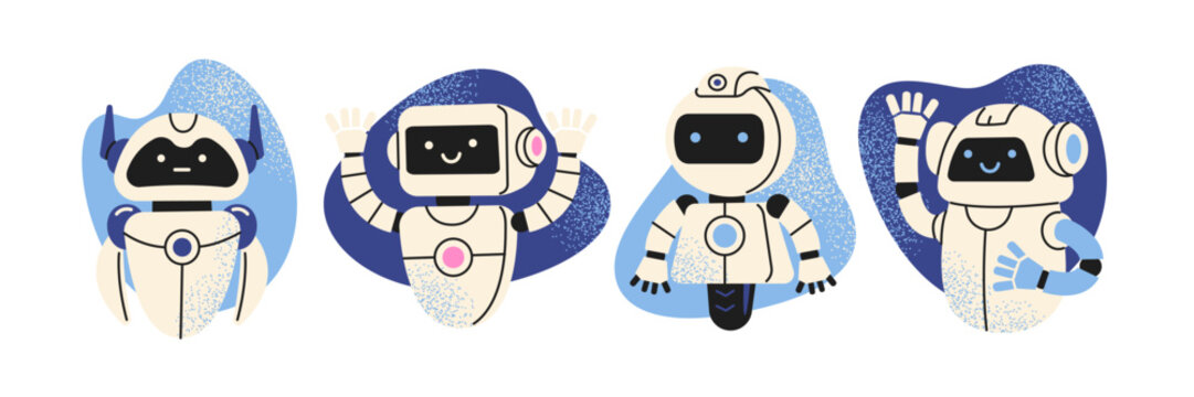 AI assistant robots in modern cartoon style. Friendly humanoid robots, digital helpers and smart technology characters.Artificial intelligence mascots, virtual support avatars and futuristic assistant