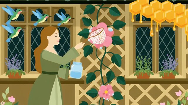 Fairytale woman collecting dew from a large flower animation