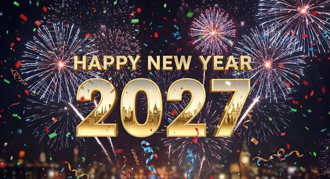 Happy New Year 2027 Celebration Background with Golden 3D Numbers, Fireworks, and Confetti over City Skyline