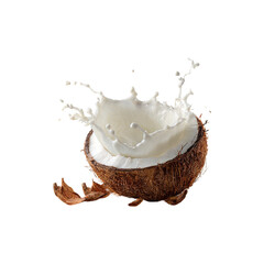 Fresh coconut milk splash inside cracked coconut shell with liquid motion tropical food photography isolated on white background