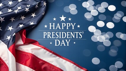 Happy Presidents&rsquo; Day Text over Blue Bokeh Lights Background with American Flags