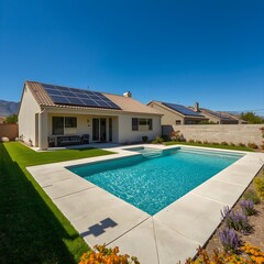 Fototapeta premium Modern suburban house with backyard swimming pool sunny day luxury real estate property outdoor lifestyle