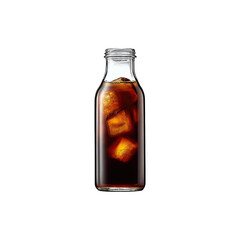 Glass bottle filled with iced coffee cubes cold refreshing beverage drink photography isolated on white background