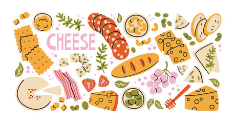 Cheese platter appetizers stickers in retro cartoon style. Snack board ingredients: cheese wedges, crackers, bread, olives, grapes, honey. Savory finger food assortment for beer gatherings, parties