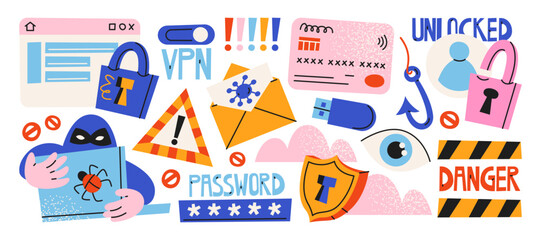 Obraz premium Cyber security warning icons in retro cartoon style. Digital objects: password, lock, shield, virus, vpn, alert signs. Online safety visuals for data protection, privacy awareness and internet risk 