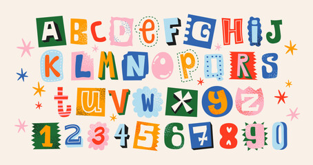 Cutout alphabet font in retro cartoon style. Playful magazine collage lettering with uneven shapes, bold characters and handmade look, childish and doodle typeface for posters, kids projects, educatio © Limpreom