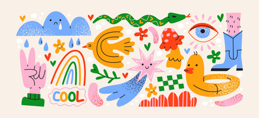 Cartoon doodle y2k patches, labels, tags, stickers, stamps in retro. Groovy cute stickers in funky hipster grunge 90s style. Vector set, trendy promo labels