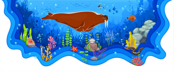 Paper cut underwater sealife landscape with funny walrus character among seaweed, red corals, starfish, clam shell, eel and blue aquatic plants. Vector frame with 3d layered papercut effect and ocean © Vector Tradition