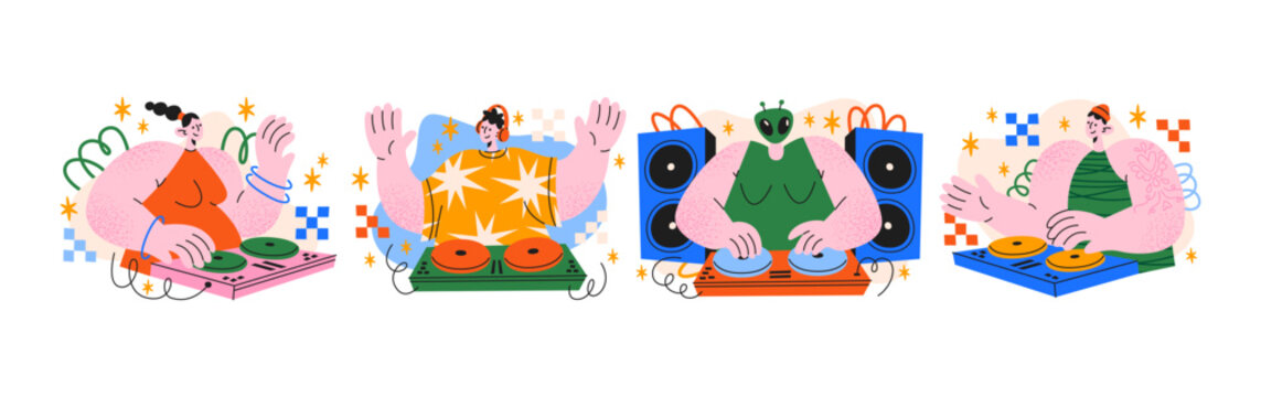 DJ mascot characters at retro parties in cartoon style. Music objects: turntables, mixer, speakers, vinyl. Dance event figures, club culture symbols and playful nightlife atmosphere