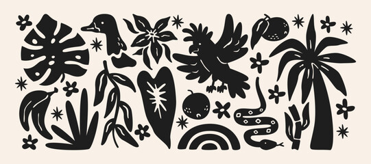 Tropical nature silhouettes in retro cartoon style. Palm tree, monstera leaves, tropical flowers, parrot, snake and duck shapes, jungle plants and exotic wildlife elements inspired by tropical rainfor © Limpreom