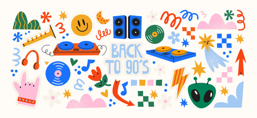 Naklejka na ściany i meble Retro disco party stickers in 90s style. Music elements: vinyl records, DJ turntables, speakers, headphones, smiley icons, abstract shapes. Nostalgic dance party concept inspired by nineties culture