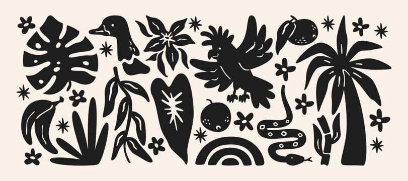 Tropical nature silhouettes in retro cartoon style. Palm tree, monstera leaves, tropical flowers, parrot, snake and duck shapes, jungle plants and exotic wildlife elements inspired by tropical rainfor