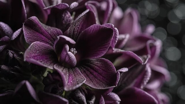 Closeup of beautiful purple flowers with dew drops on petals in dark background 4k video