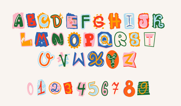 Cutout alphabet font in retro cartoon style. Playful magazine collage lettering with uneven shapes, bold characters and handmade look, childish and doodle typeface for posters, kids projects, educatio