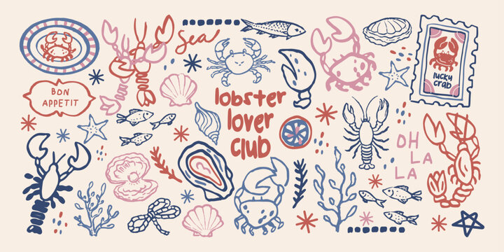 Seafood shapes in retro cartoon style with lobster, crab, oyster, fish, seashells, marine animals, nautical symbols and coastal food elements inspired by ocean cuisine and seaside dining visuals