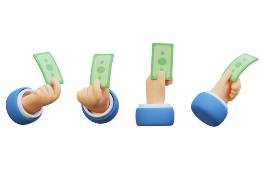 3D rendering of a hand holding a single banknote in cartoon clay style