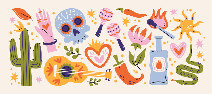 Mexican folk stickers in retro cartoon style. Traditional symbols: skull, cactus, guitar, chili pepper, sun, heart, snake, maracas. Latin culture inspired decorative stickers for festivals creative